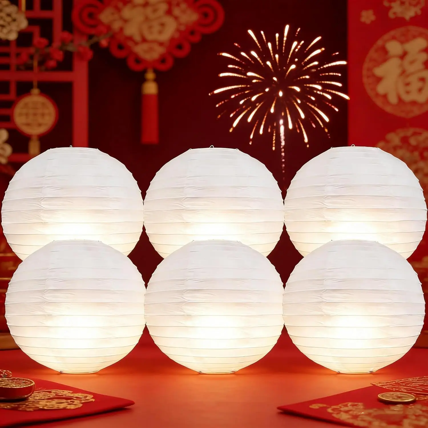 6 count Paper Lanterns 12 inch with LED Lights White Round Derorative  Paper Lanterns  Lamp for DIY Craft Wedding Dinner Birthday Party Decoration