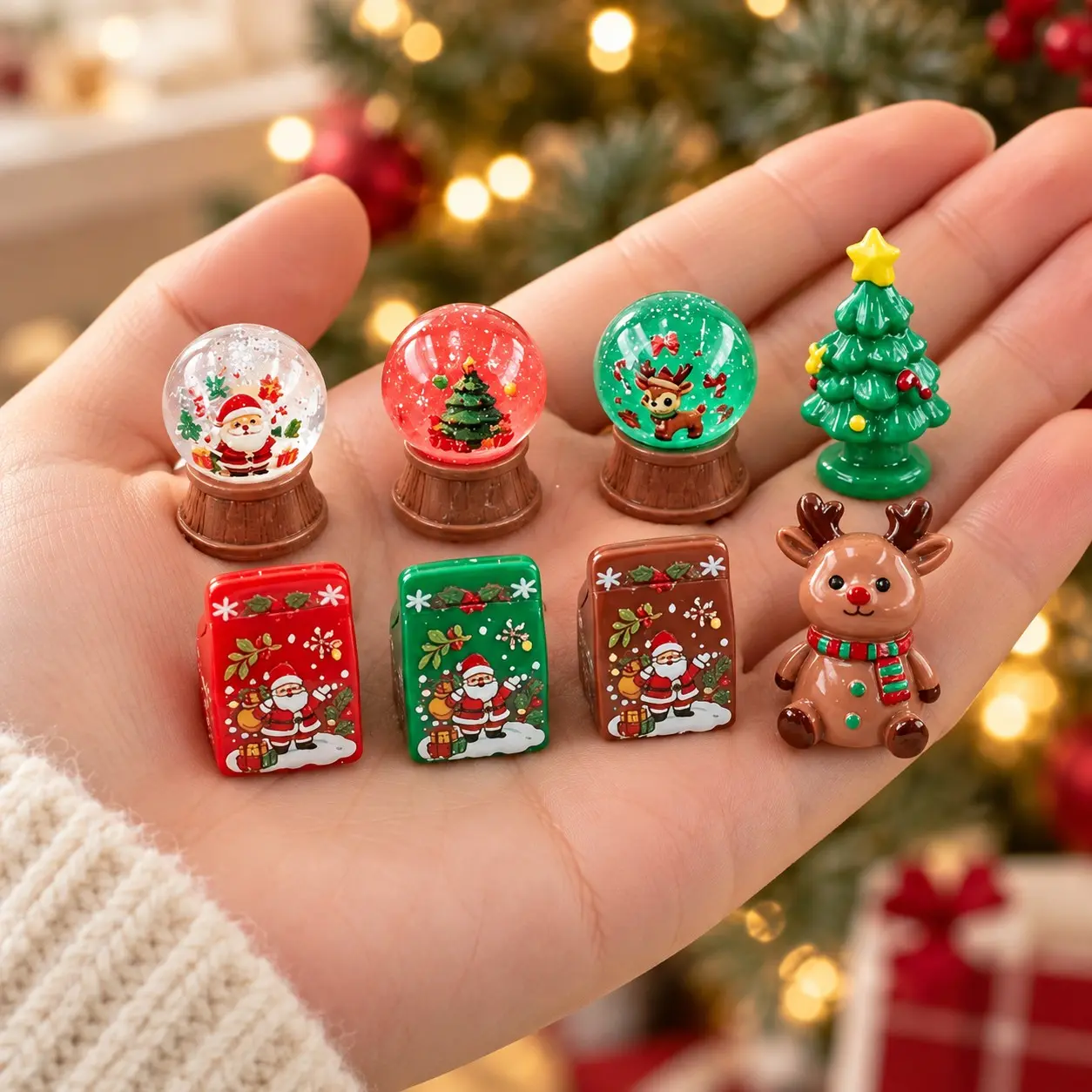 8-Piece Mini Christmas Figurine Set, 3 Santa Snow Globe Minis, 3 Gift Box Minis, Christmas Tree & Reindeer, Tiny Resin Decor for Holiday Tables, Micro Scenes, Home and Car