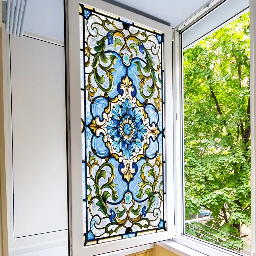 1pc New Autumn And Winter Colorful Retro Blue Printed Glass Window Stickers, Window Clings For Glass Windows, Anti-Peeping Heat-Insulating Self-Adhesive Static Cling Window Decals, Removable Patterns, Can Be Cut for Use in Bathrooms