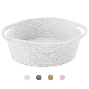 Small Woven Baskets, 12"x8"x5" Rope Baby Toy Storage Basket with Handle, Durable Gift Basket Empty for Graduation Easter Christmas, White