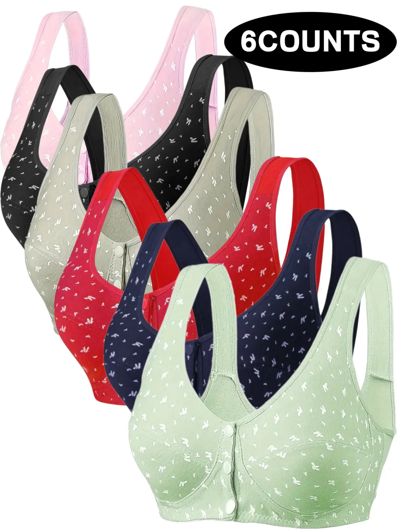 6-Pack Thin Lace Floral Bra Set, Wireless Comfortable Breathable Bras, No Underwire Push-Up Full Coverage, Elderly Friendly Front Buckle Design