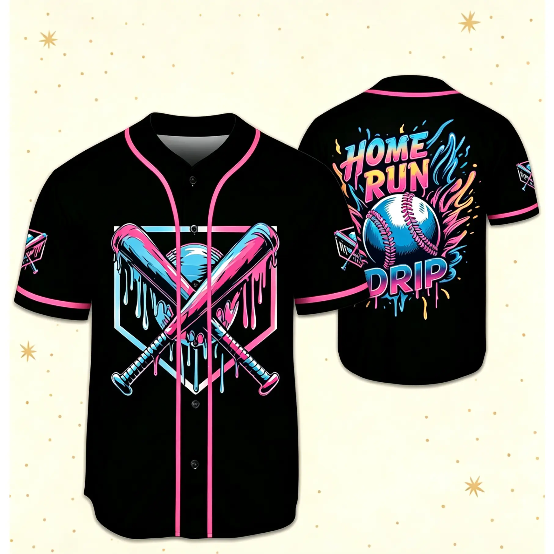 Home Run Drip Baseball Jersey, Pink Blue Drip Cross Bat Graphic Button Up Shirt, Colorful Graffiti Softball Tee, Retro Streetwear Baseball Uniform For Game Day Outfit,Cool Streetwear Softball Uniform For Baseball Fans Men Women # HomeRunDrip # Baseball Je