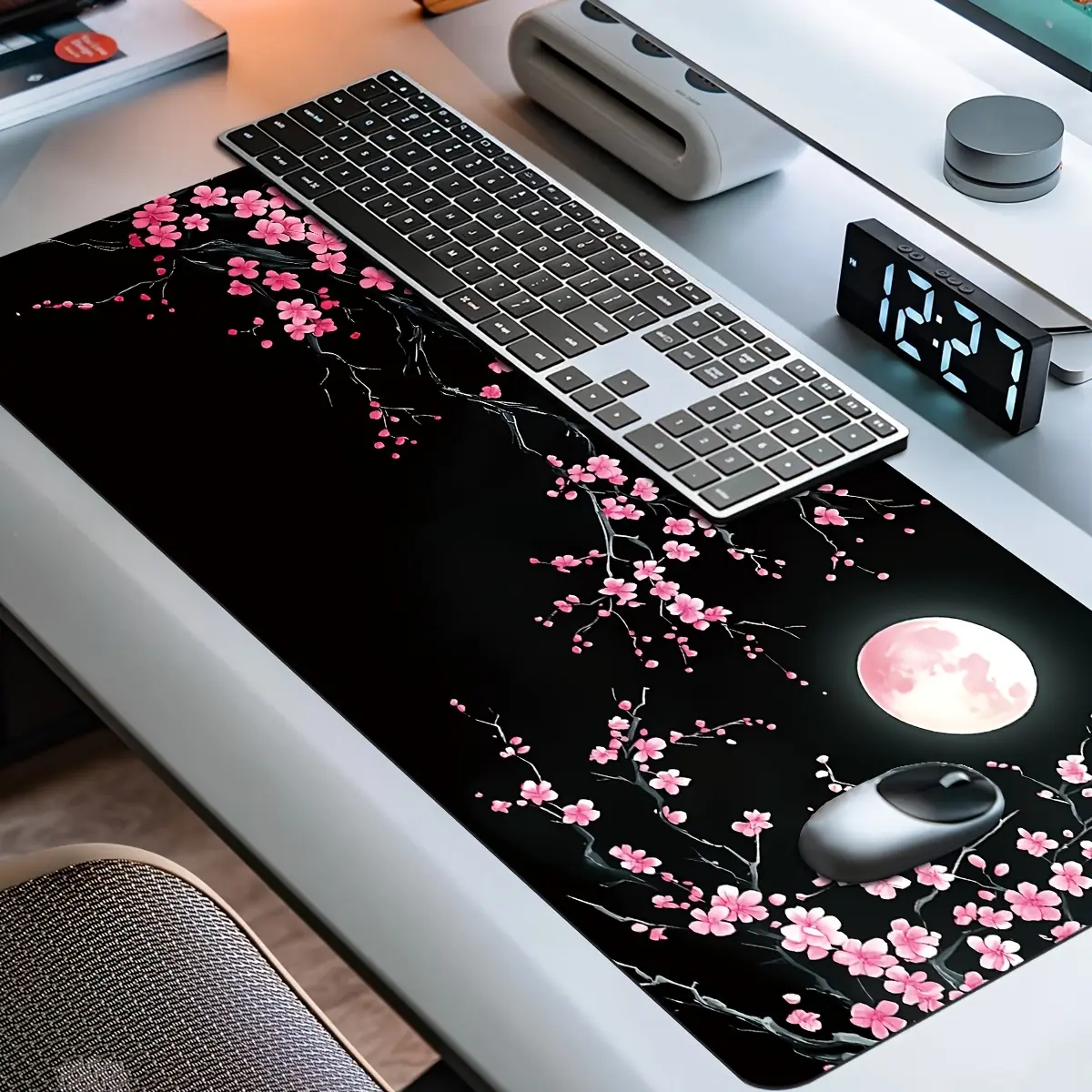 Cute Pink Minimalist Geometric Anime Cartoon Plum Blossom Moonlight Gaming Mousepad & Keyboard Pad, Non-Slip Durable Base, High-Definition Printing, PC Laptop Computer Desk Mat