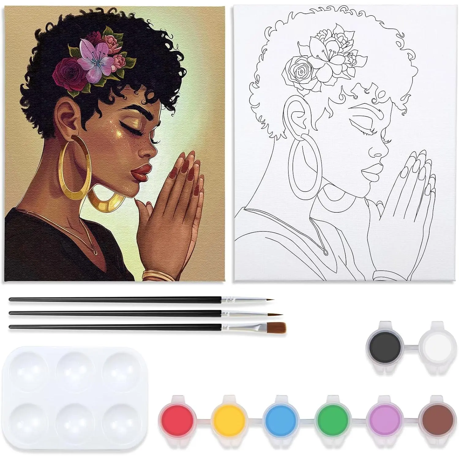 Canvas Painting Kit Pre Drawn Canvas for Painting for Adults  and Sip Party Supplies Art Set Afro Pray Woman 8x10 Inches
