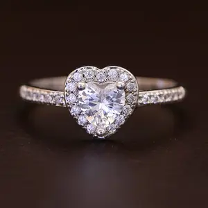 Heart Shape Moissanite Engagement Ring for Women,  Heart Cut Solitaire Promise Ring with Halo Pave Band, Silvery Wedding Proposal Ring Gift for Anniversary Birthday
