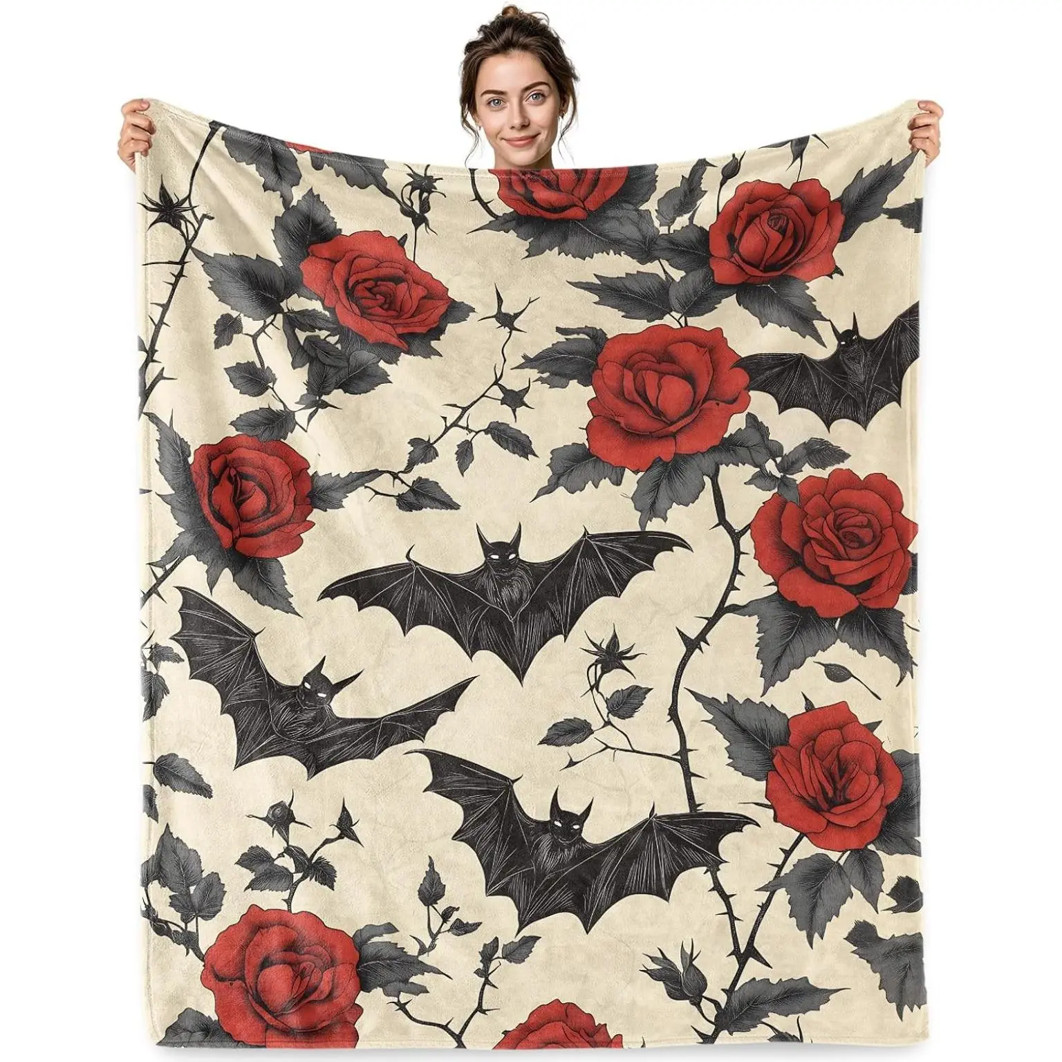 Gothic Gifts Blanket Vintage Flying Bats Roses Throw Blanket Flannel Gothic Roses Blanket Gifts For Christmas Birthday Halloween Women Men Vampire Lovers