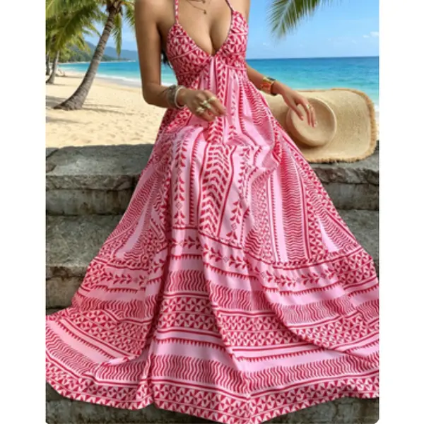 Women’s Silky Tribal Geometric Pattern Layered Halter Dress - Adjustable Waist Cord, Dream Island Style, Triangle Bag Compatible, Breathable, Beach, Lightweight, Halter Neck, Aesthetic