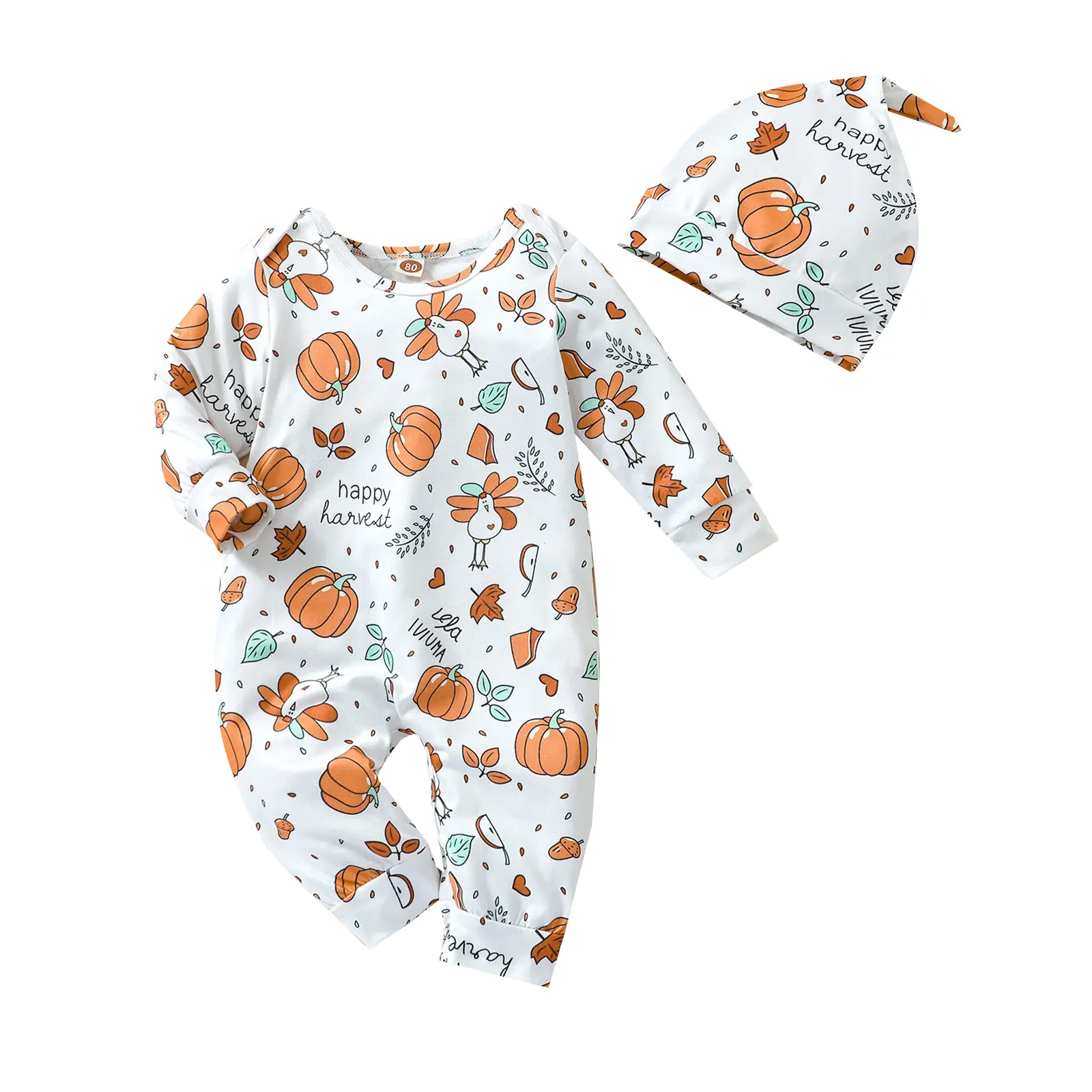 Baby Casual Jumpsuit with Hat Turkey Print Long Sleeve  Long Pants Cute Thanksgiving Outfit Romper