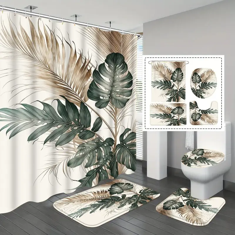 4pcs Modern Tropical Palm Shower Curtain Set for Bathroom, Waterproof Anti-Mold, Non-Slip Mat, 12 Hooks, Perfect Bathroom Decor, Style