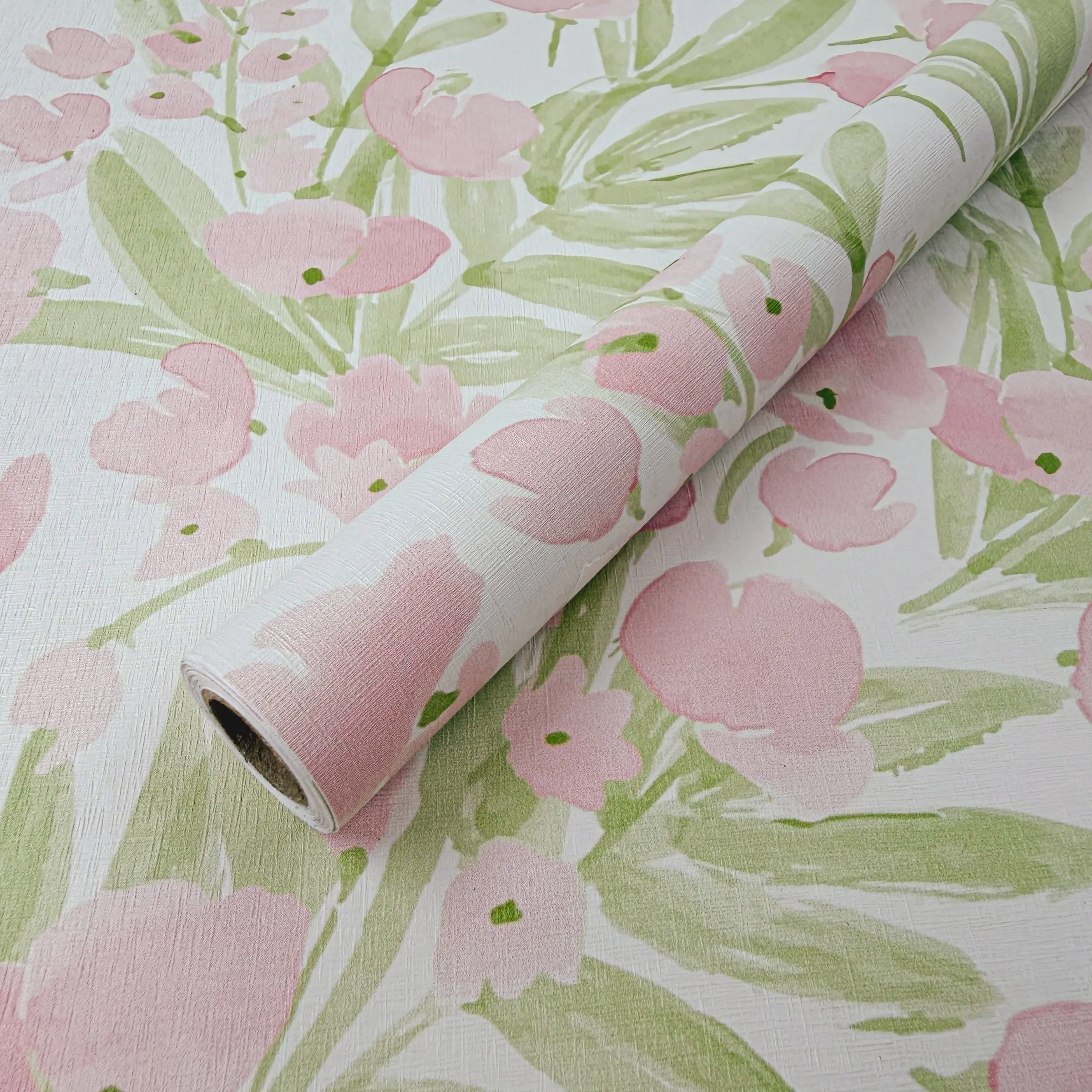 1 Roll Pink Watercolor Floral and Green Leaves Peel and Stick Wallpaper 44.5cm/17.5in Wide, Removable Self-Adhesive Waterproof Vinyl for Girls Bedroom Decor, Length Options: 1m/2m/3m/5m/10m