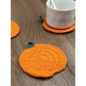 1PC Hand-Woven Pumpkin Coaster – Orange Yarn & Green Stem, Thick Heat-Insulating. Perfect for Daily Use & Holiday Gifts. Great Handcrafted Home Decor.
