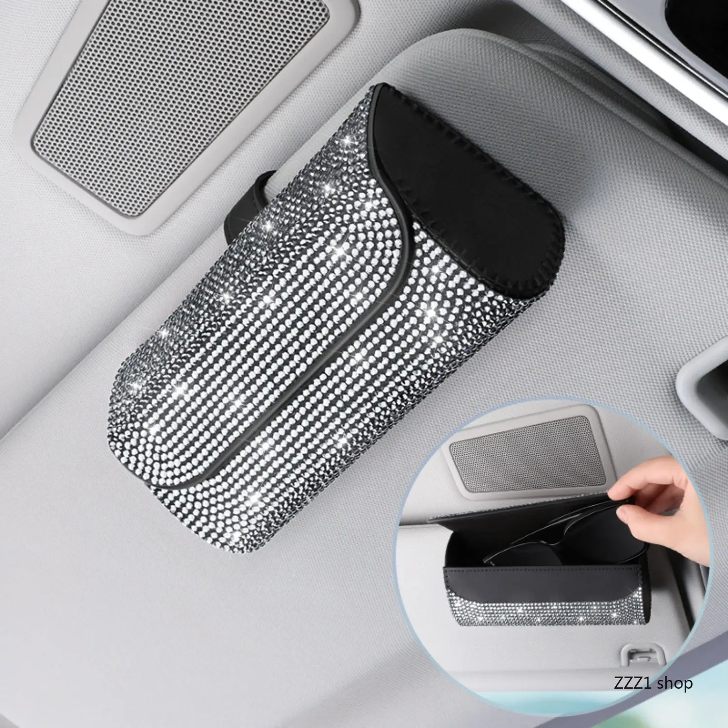 Sun Visor Clip Sunglasses Holder, Glam Bling PU Leather Eyeglass Organizer with Crystal Rhinestones for Women, Cute Car Decor Accessories, Car Accessories, Accessories For Women