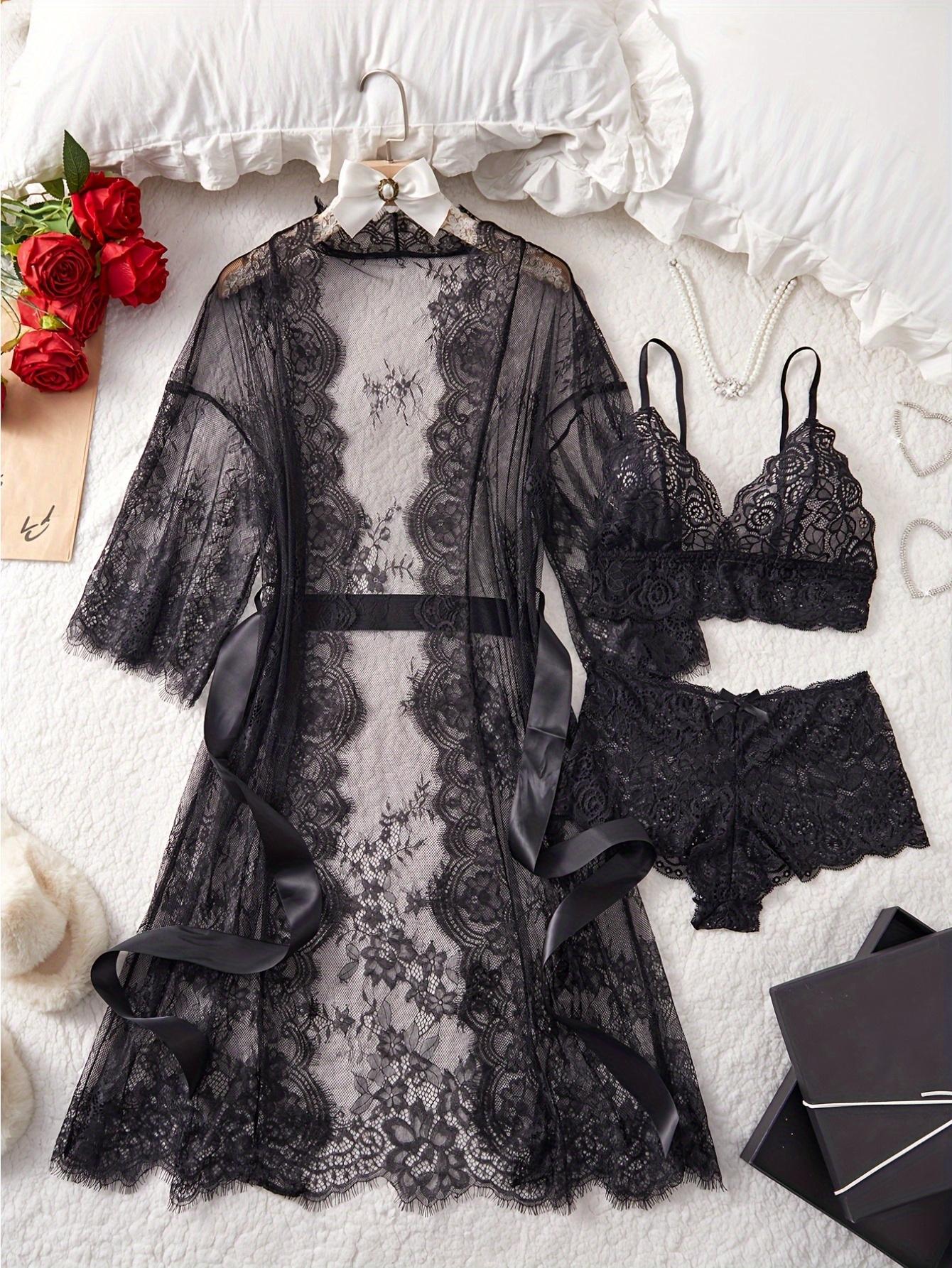 Elegant Japanese Style Bathrobe and Robe Set Semi Sheer Lace Wavy Two Piece with Matching Underwear for Spa Wedding Special Occasions