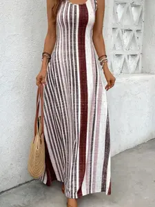 Summer Sleeveless Striped Round Neck Long Dress for Women, Casual Versatile Midi Dress, All-Season Fashionable