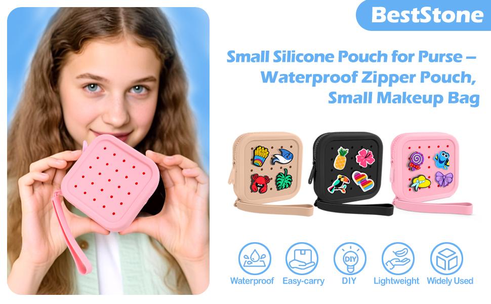Small Silicone Pouch for Purse – Portable Organizer Bag, Mini Cosmetic Bag Holds Lipsticks, Coins, Travel Accessories, Zipper Pouch, Small Makeup Bag With 5 Charms(Pink)