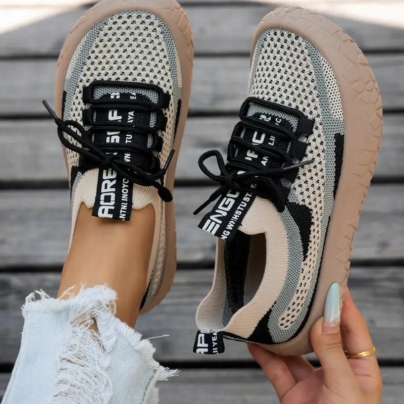 Women's Spring Summer Mesh Sports Shoes, Sporty Running Sneakers, Slip-On Elastic Laces, Thick Sole, Breathable Lightweight Anti-Slip, Outdoor Walking Running
