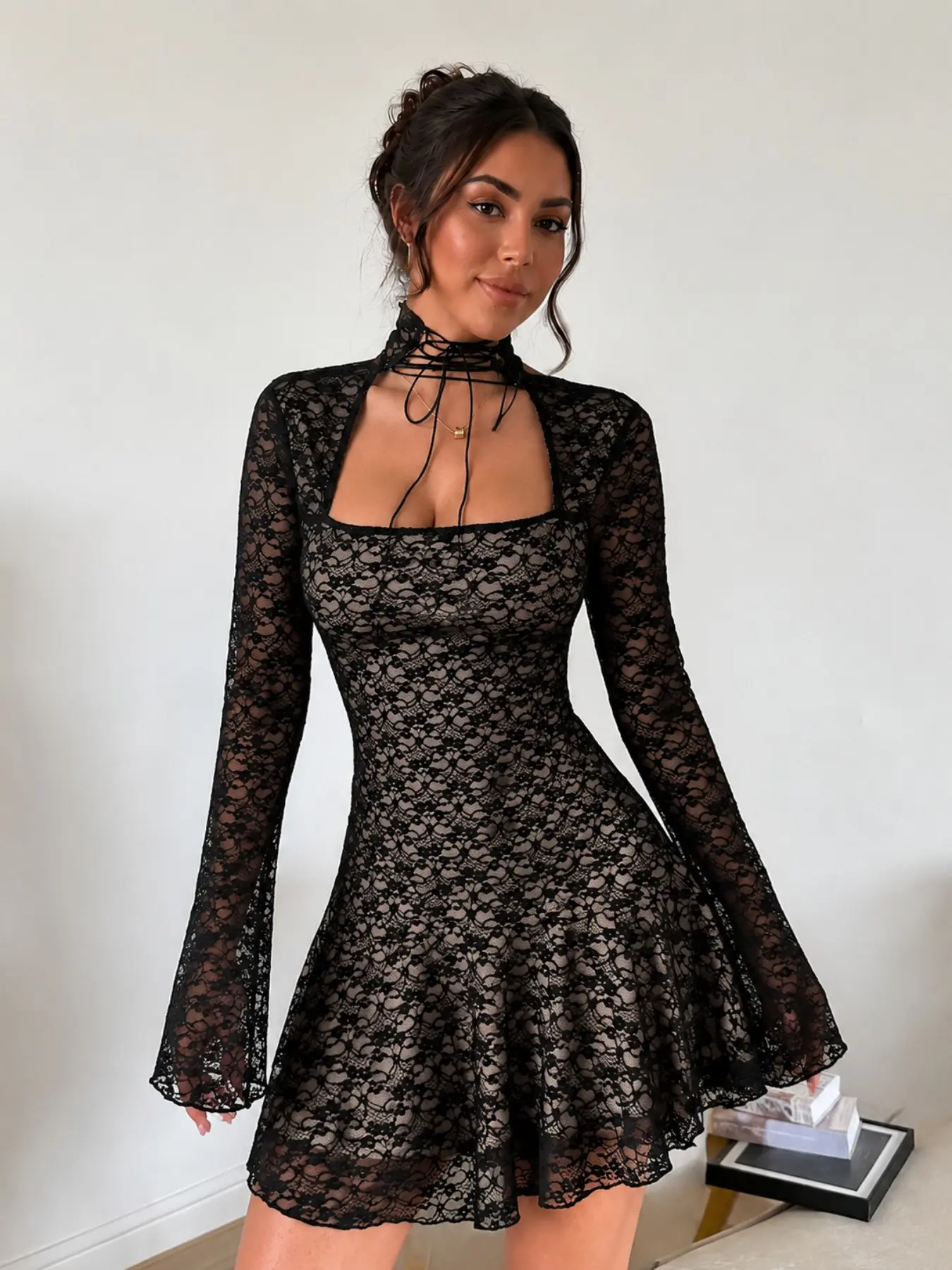 Elegant Chic Hollowed-Out Square Neck Black Sheer Lace Flared Long sleeved Bodycon Formal Evening Mini Dress Women's Sexy Backless Tight Party Dress Date Night Dress Slim Fit A-line Flowing Hem Evening Gown.Early Autumn Fashion New