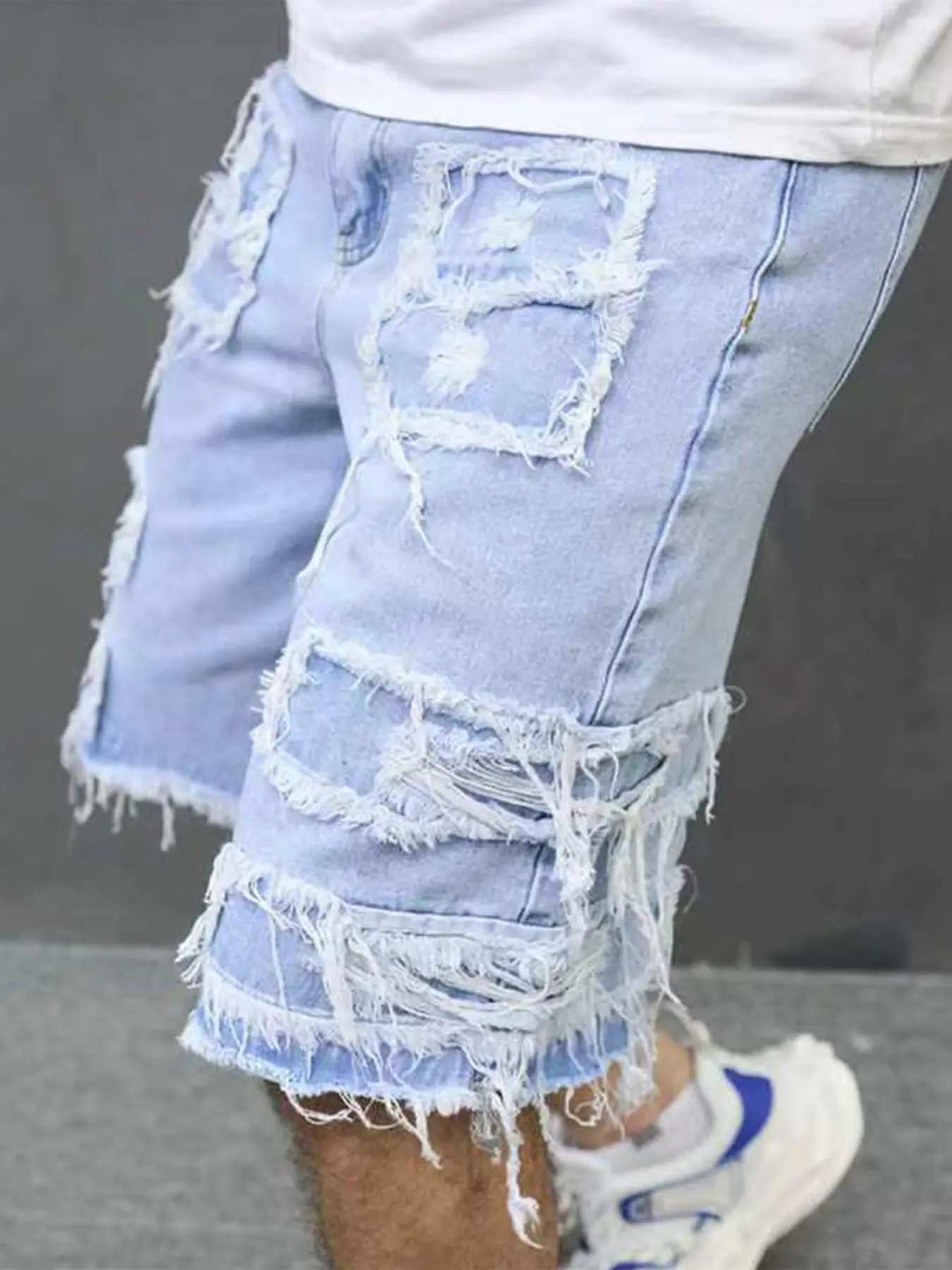 Men's Light Blue Knee Denim Shorts with Distressed Ripped Design , Non-Stretch Frayed Patchwork Baggy Jean Shorts, Denim Look, Summer Streetwear, Menswear, Pocket