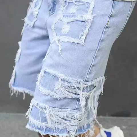Men's Light Blue Knee Denim Shorts with Loose Fit Distressed Ripped Design , Non-Stretch Frayed Patchwork Baggy Jean Shorts, Summer Streetwear, Menswear, Pocket