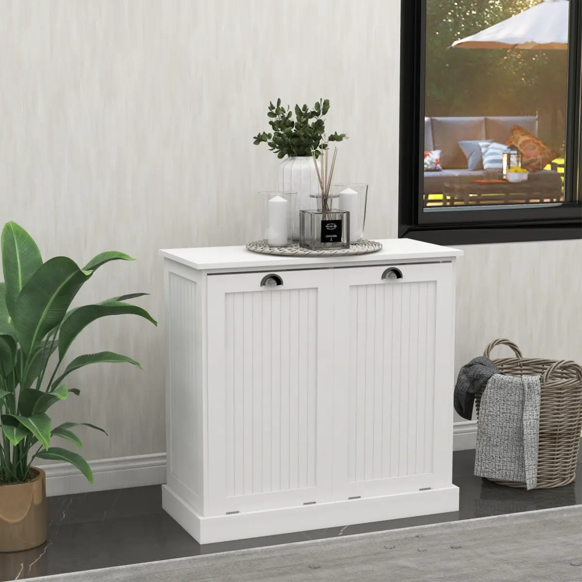 Modern White 32.7-Inch Rectangular Flat Top MDF Wood Tilt-Out Laundry Sorter Cabinet, 2-Compartment Floor Cabinet with Removable Bags, Included Hardware, Hidden Hamper for Bathroom, Bedroom, Sorts Laundry, Single Unit