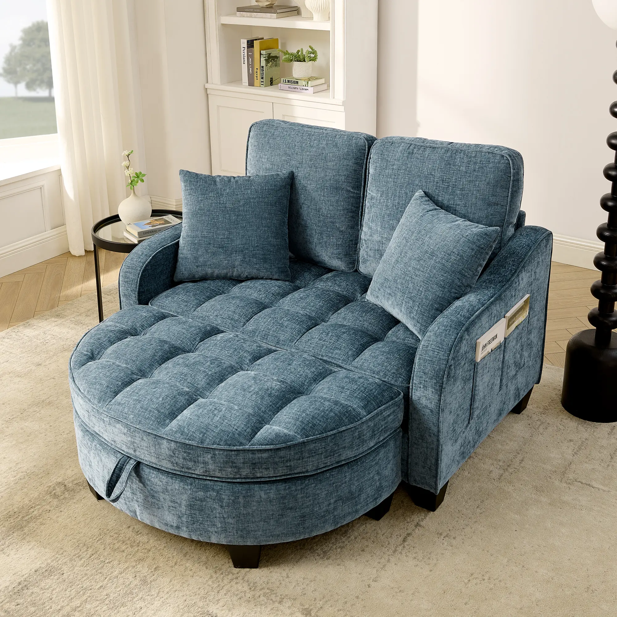 ARCH 2-Seat Sofa Chaise Lounge with Storage Ottoman, Blue Foam Couch for Living Room Bedroom, Irregular Armrest Backrest, Includes 2 Throw Pillows, Easy Assembly, Plastic Feet, Blue Color Options, Foam Material, 2 Seat Seat Count, Product Dimensions: