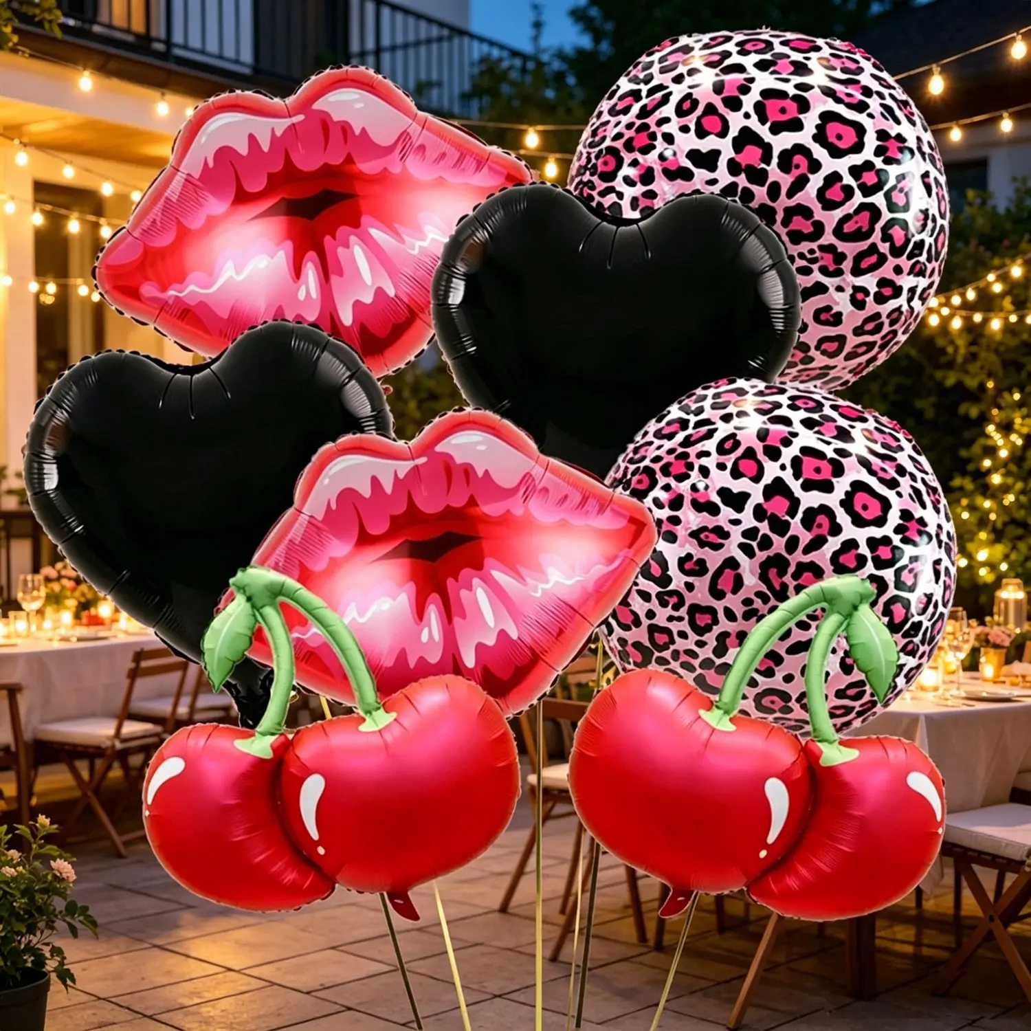 10 pieces Leopard Print Party Balloon Set, Gradient Lip, Cherry, Heart, 4D Leopard Ball, Perfect for millennial Hot girl-themed birthdays, retro American bachelorette parties, girls’ night gatherings, and Valentine’s Day decorations