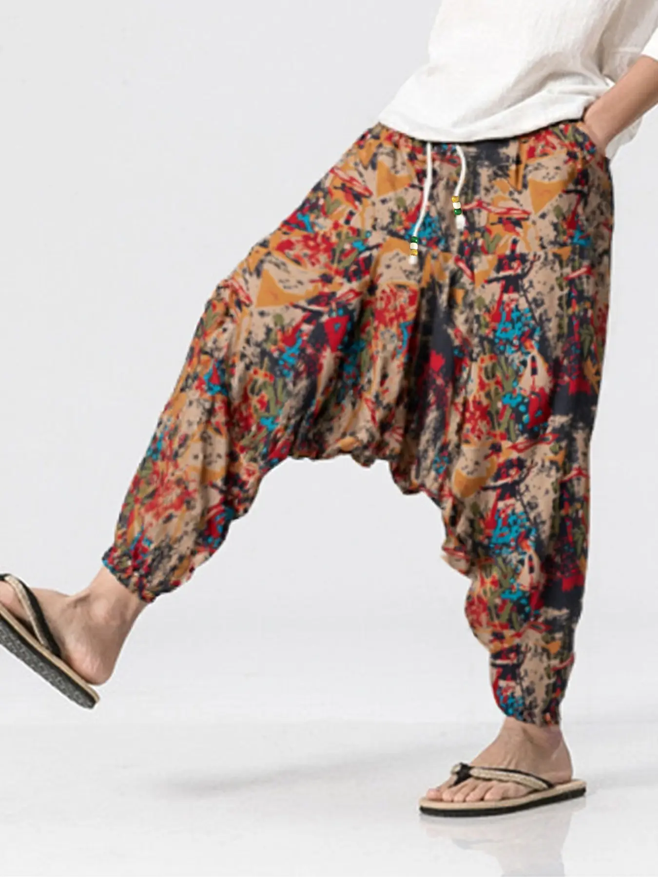 New Summer Autumn Trendy Chinese Style Men's Casual Patchwork Floral Long Pants, Loose Fit Fashion Low Waist Cross Pants