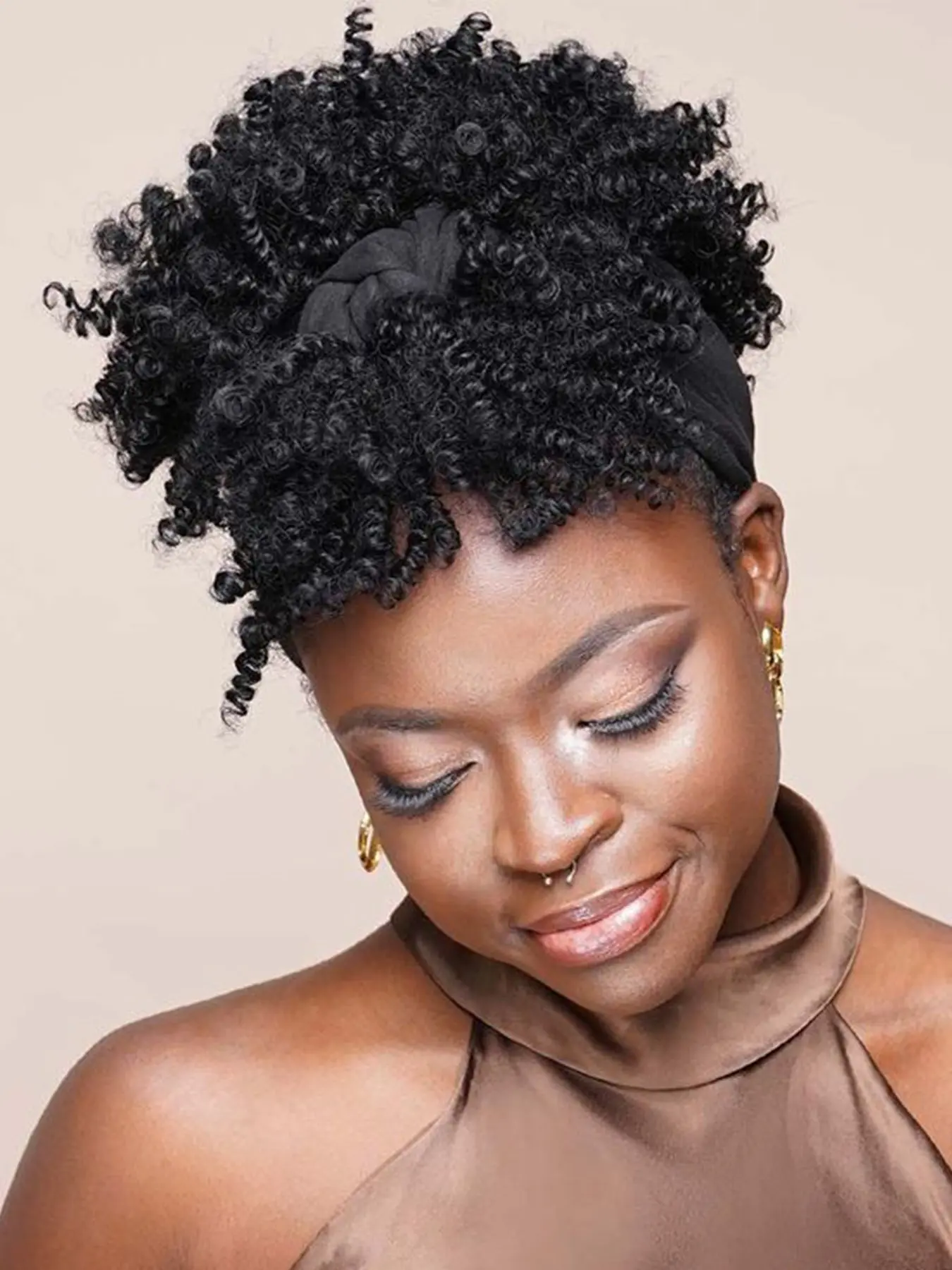 8 Inch Headband Wig Afro Kinky Headband Wig with Bangs for Women Black Head Wrap 2 in 1 for Women Curly Full Scarf Wigs Synthetic Short Afro Kinky Afro High Puff Wig Gorgeous Fluffy Wigs Headband Style Wig
