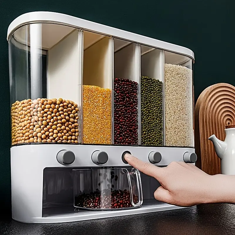 1Set  Heavy Duty 5 Layer Food Storage Dispenser with Measuring Cup Single Trigger Grain Rice Pasta Dispenser Transparent Panel for Kitchen Pantry Organization