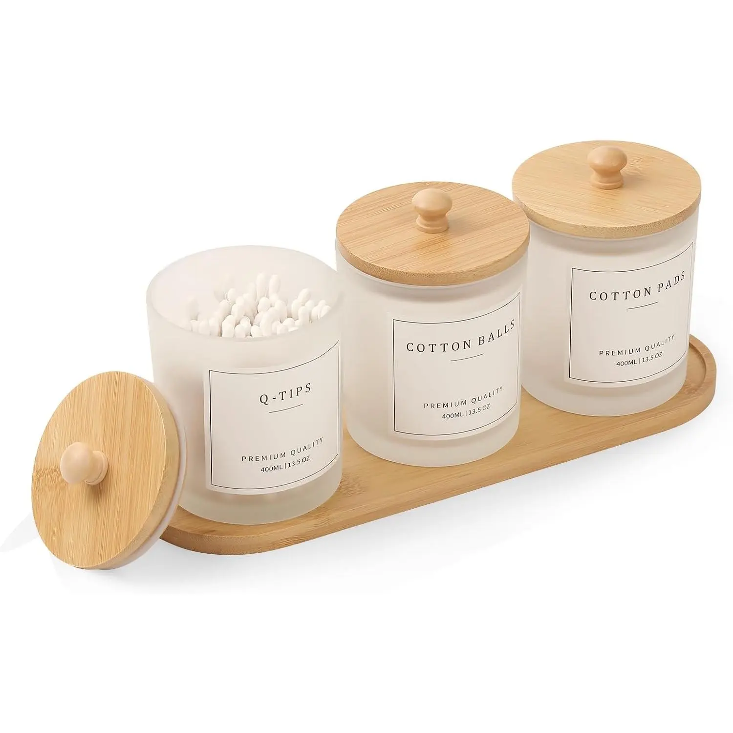 3 Pack Qtip Holder - Bathroom Organizers and Storage, Cotton Round Holder Cotton Swab Dispenser Cotton Ball Holder with Tray, Glass Apothecary Jars with Lids, Bathroom Containers for Floss Pick