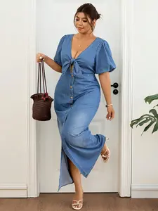 Plus Size Light Wash Denim Long Skirt, Women's Bubble Sleeve Front Tie Open Front Split Long Denim Skirt, Casual, Fashionable and Comfortable, Dress