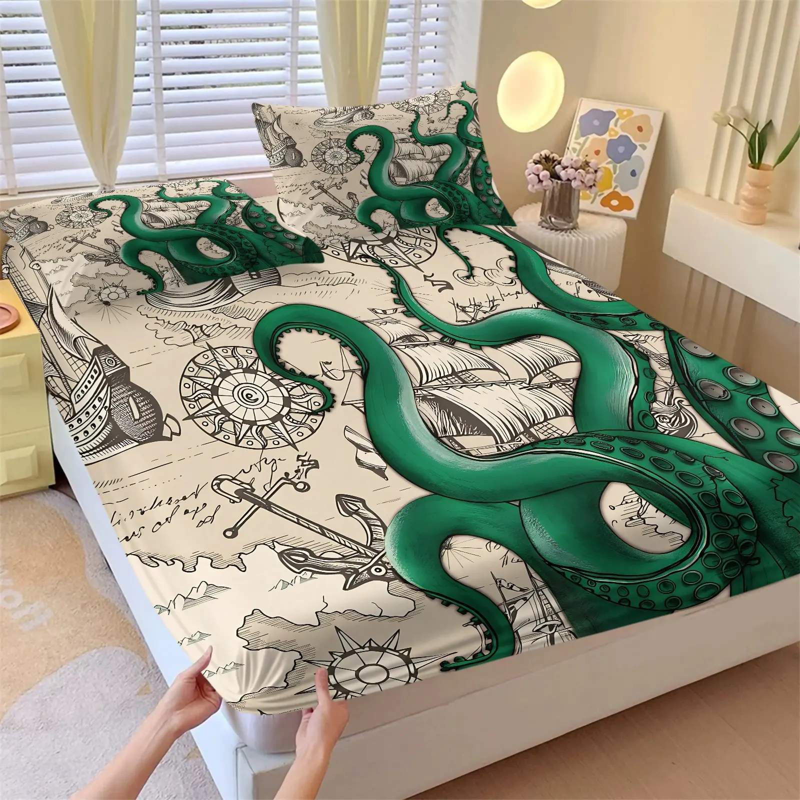 Giant Green Octopus Tentacle Fitted Sheet Set, 1 Fitted Sheet & 2 Coreless Pillowcases, Retro Ocean Adventure Kraken, Deep Pocket Anti-Slip Breathable Soft  Mattress Cover, Perfect Gift For Boys Adventure Home Collectors, Teen Boys Bedroom Decor