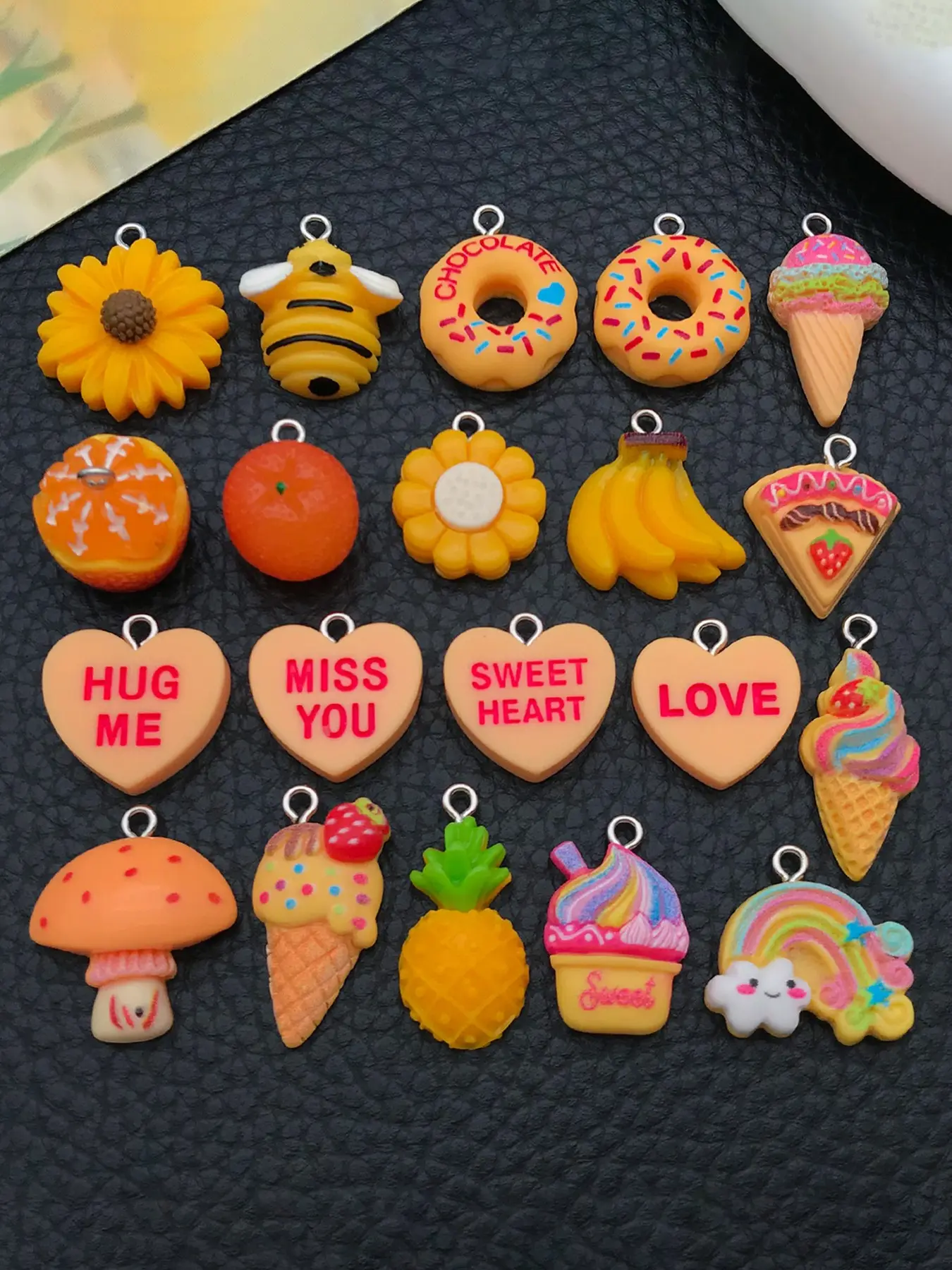 20pcs Mix Yellow Resin Charms Cute Fruit Donut Heart Flower Pendants for DIY Earrings Necklace Charms For Bags Bag Accessories Crafts