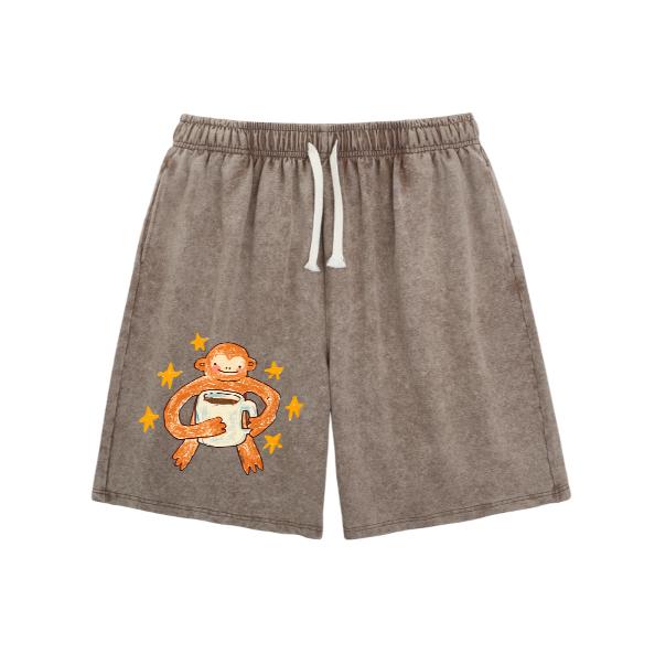 Star Monkey unisex retro washed shorts, retro distressed color washed shorts - natural themed men's and women's streetwear Valentine's Day gifts-men’s shorts