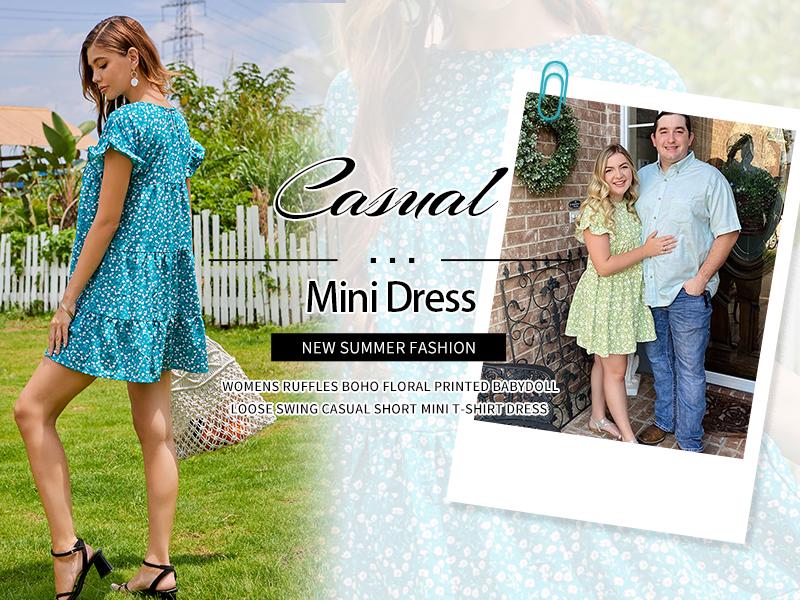 FMEYOA Womens Ruffles Boho Floral Printed Babydoll Loose Swing Casual Short Mini T-Shirt Dress