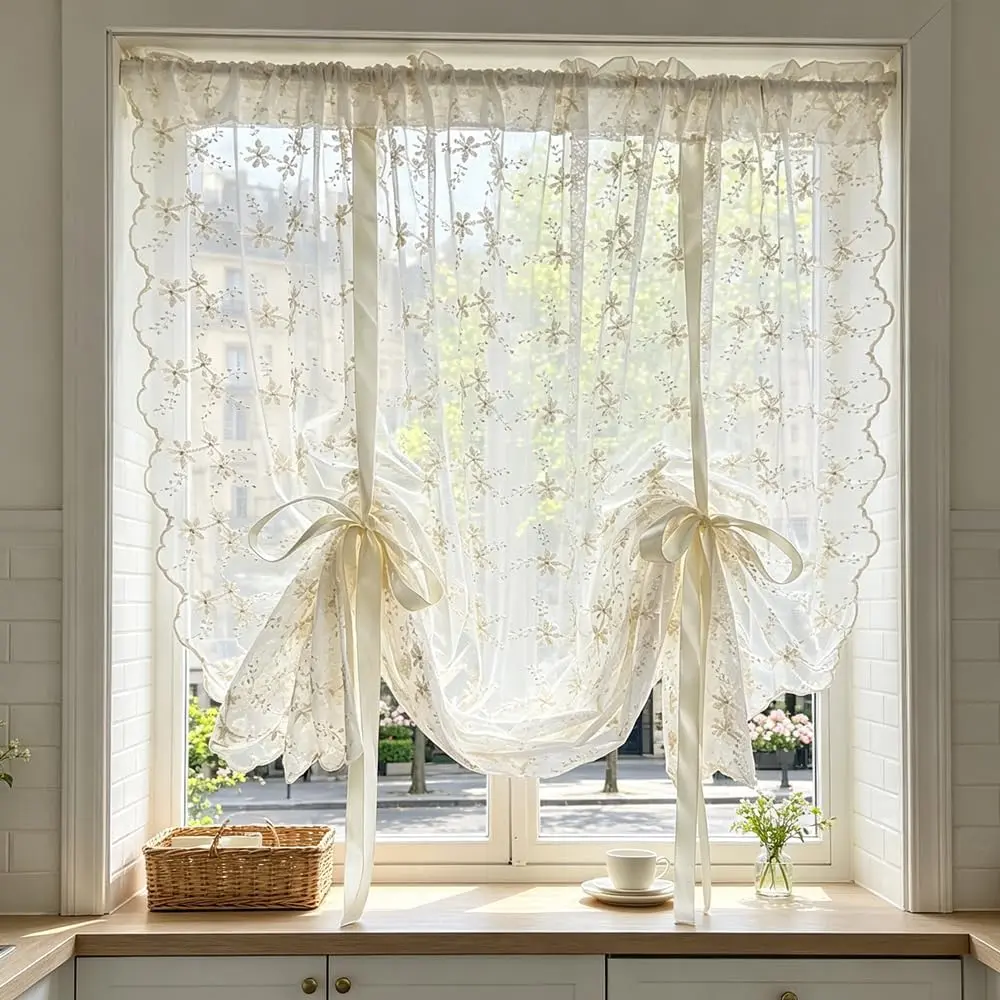Beige Romantic Little Floral Woven Lace Balloon Curtain with Adjustable Ties, Liftable Tier Roman Blind for Kitchen/Balcony Small Windows, Victorian Charm Rod Pocket Cafe Drapes
