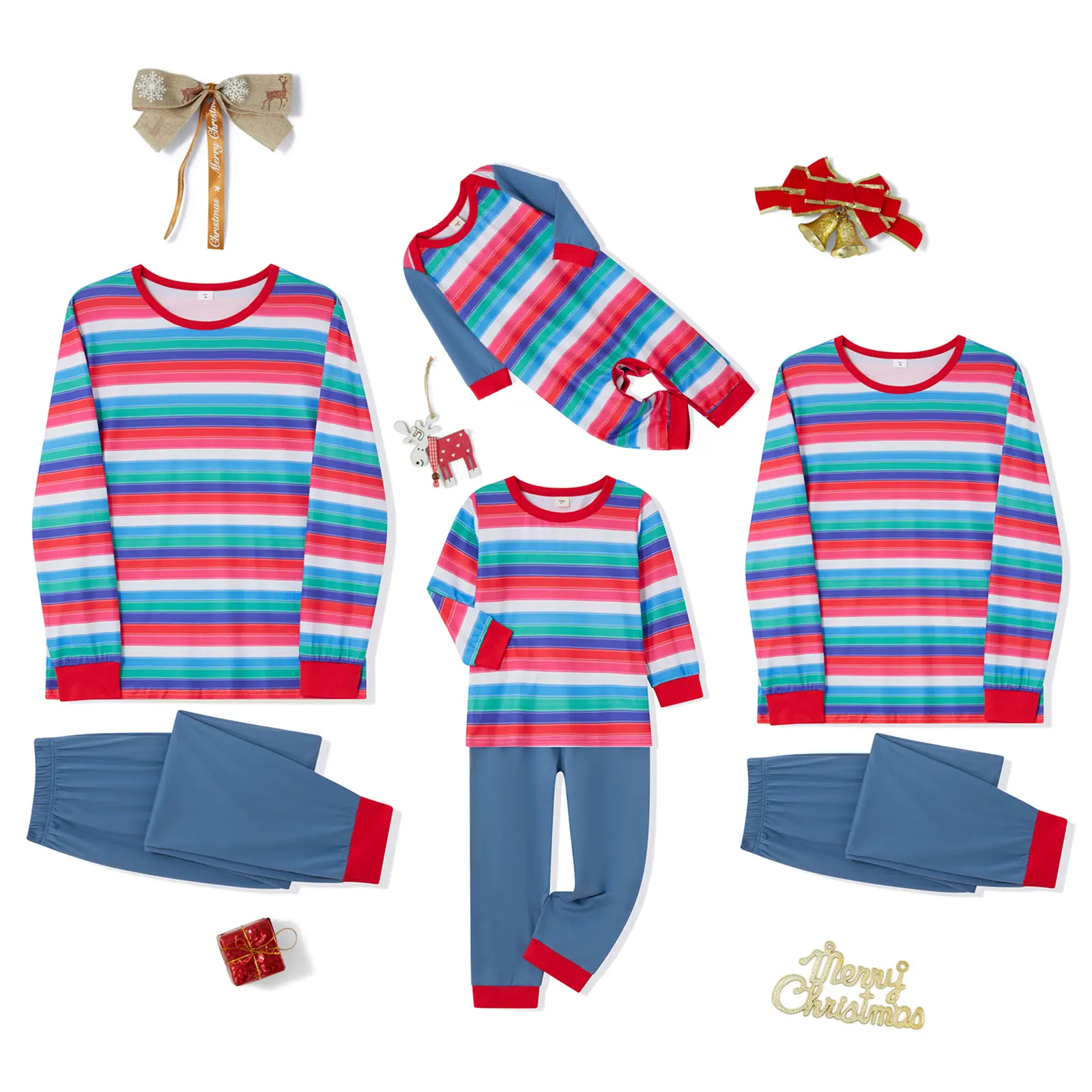 Babamoon Family Matching Halloween Sleepwear Sets - Baby Romper, Stripe Patchwork Longsleeves Round Neck Polyester Clothes, Adult 2-Piece Tops & Pants Sets