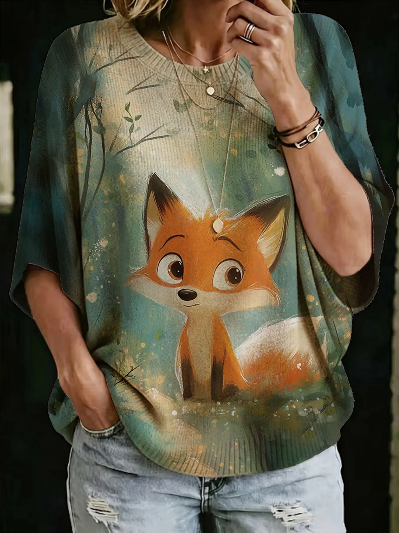 Women's Knitted Top for Spring Summer Fall Winter, Casual Commuter Fox Print Sweater, Versatile Daily Wear