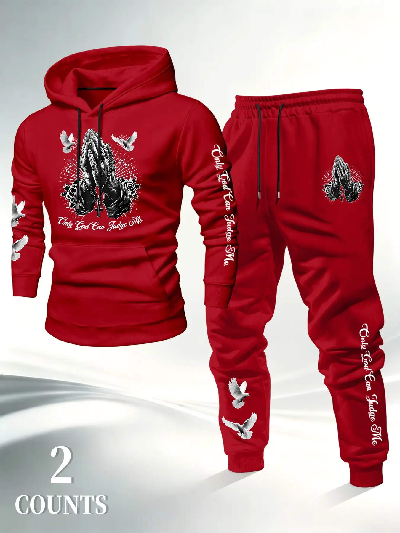 【Black Friday】Men's Vintage Prayer Hand Dove Print 2-Piece Set, Fleece Hoodie Sweatshirt & Drawstring Pants, Fall Winter Fashion, High Value, Multiple Colors