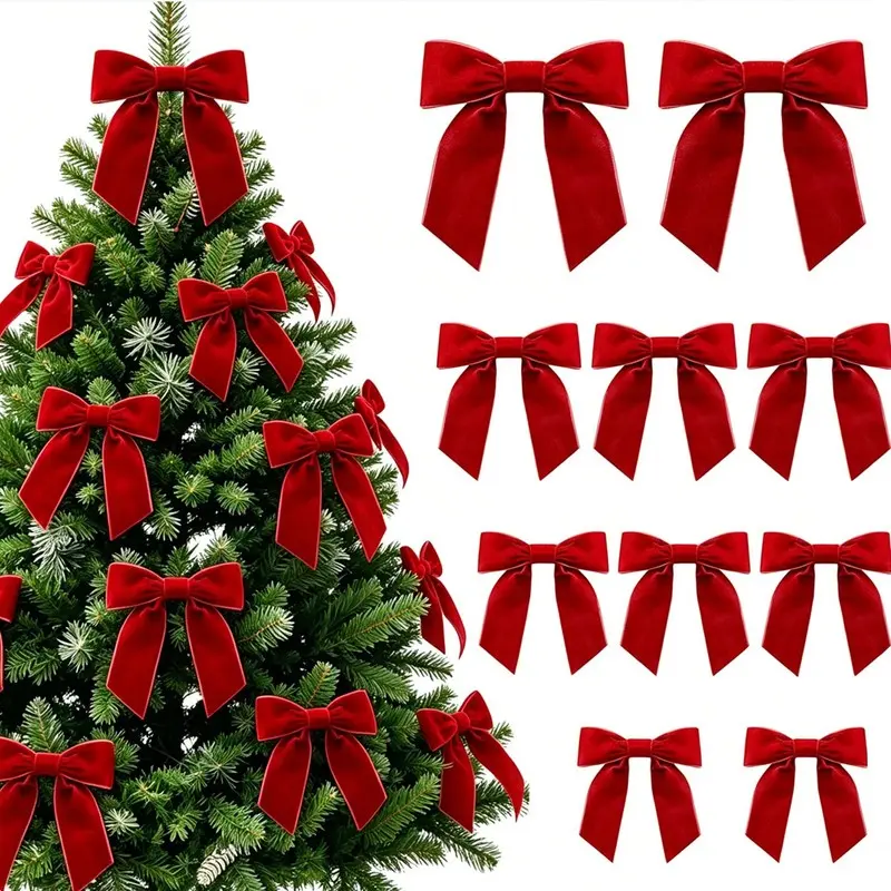 Christmas Decoration Set - 12 pieces, medium red velvet bows, size 7 X 6inch, used for decorating Christmas trees - burgundy ribbon decorations, suitable for home, garlands, gift wrapping, and wedding parties