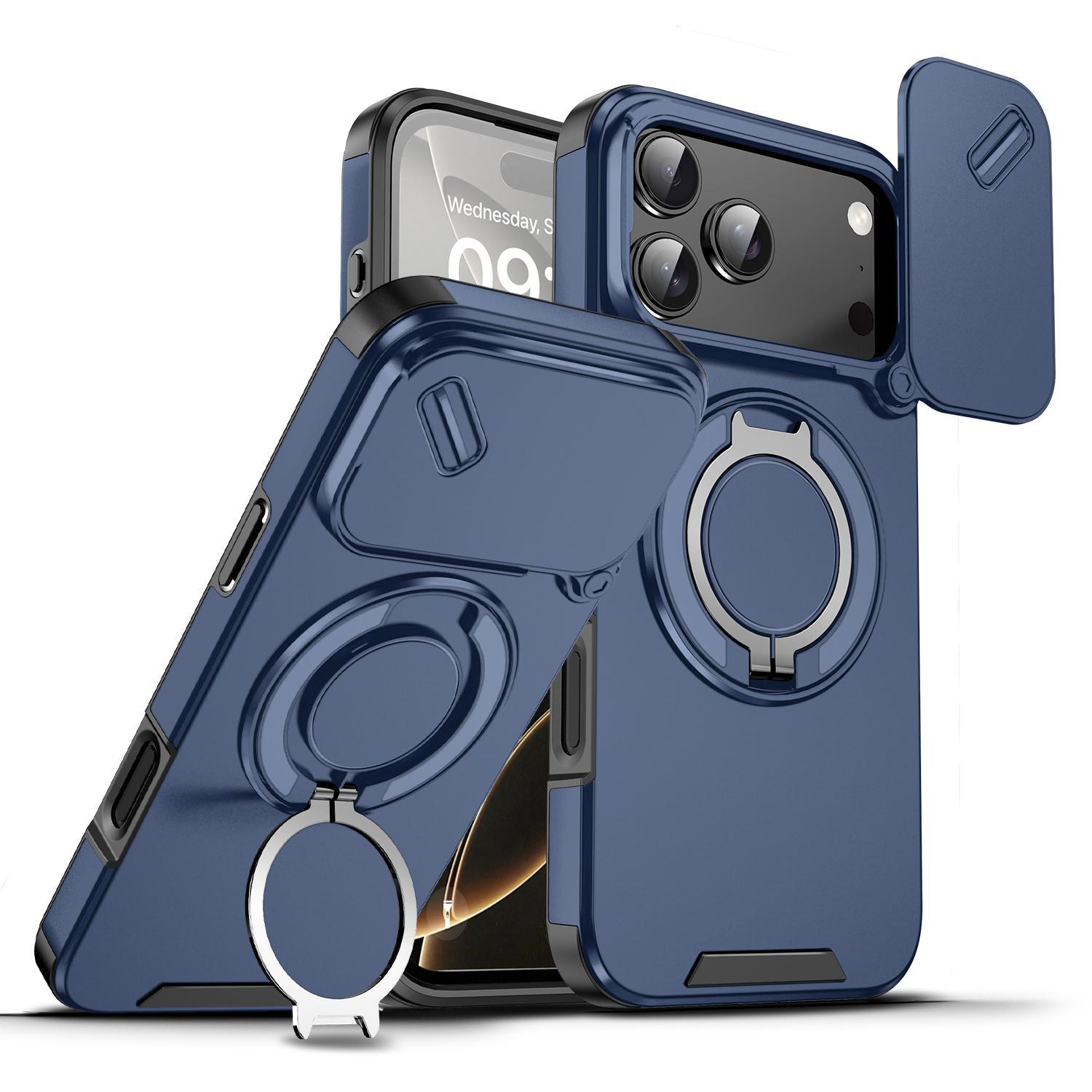 OREKROY Phone Case for iPhone 17 Pro Max, 17 Air, 17 Pro, 17, 16, 15, 14, 13, 12 - Slide Camera Lens Cover, Rotating Ring Holder Kickstand, Magnetic Car Mount Compatible