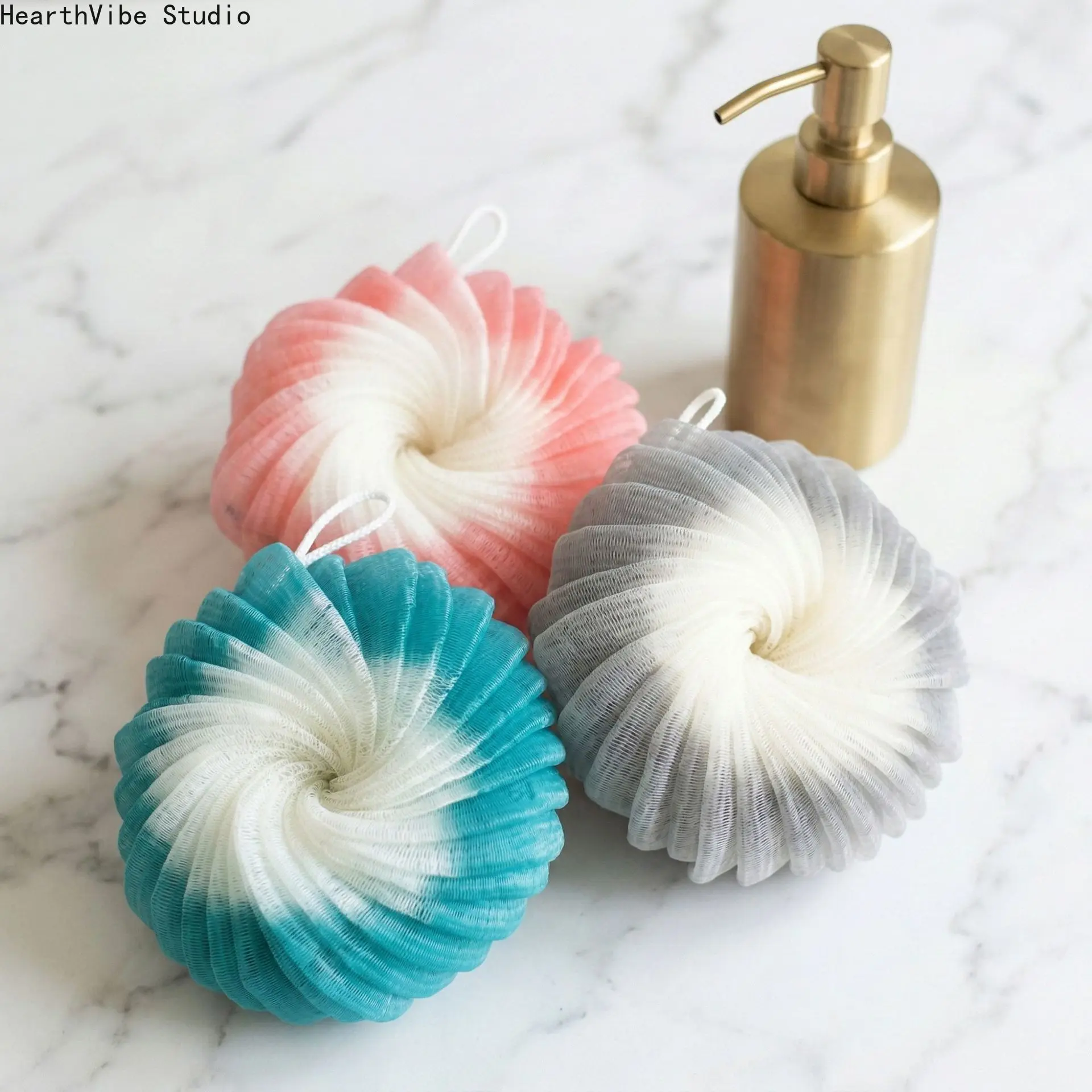 Aesthetic Ombre Loofah Bath Sponge High Density Mesh Shower Puff Gentle Exfoliating Body Scrubber with Hanging Loop for Women Skin Care