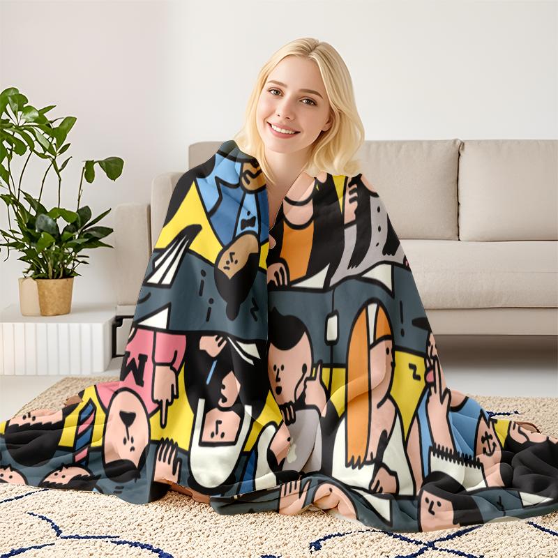 Soft Flannel Throw Blanket, Cute Commuter & Office Worker Cartoon Illustration Art Blanket, Cozy Daily City Life Crowd Scene Throw Blanket for Couch Bed, Aesthetic Urban Worker Decorative Blanket Gift for Home & Travel