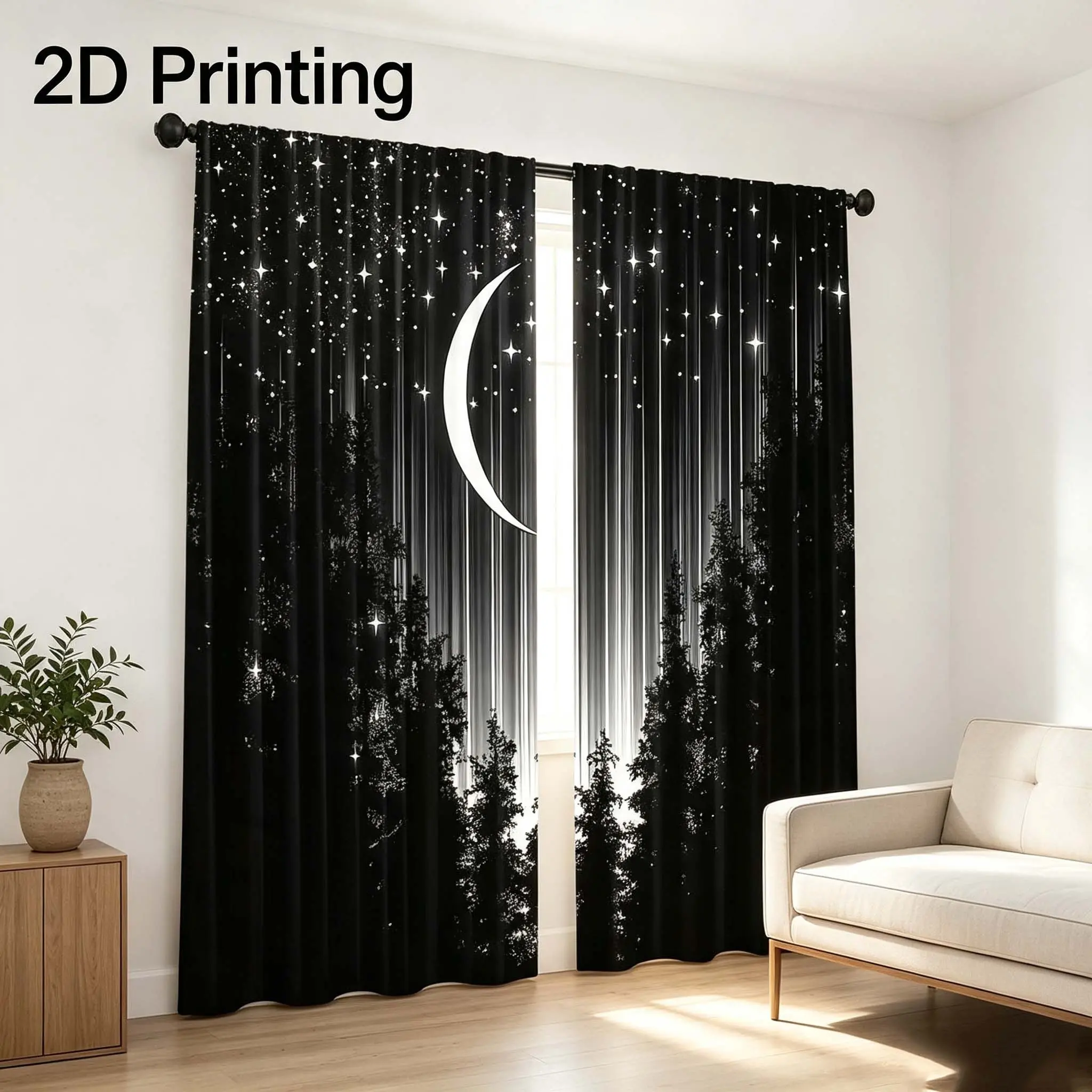 2-piece set of Starry Night Forest and Moon Printed Curtains, made of semi transparent polyester fabric with easy to hang pole mouth design, ideal for home decoration, modern style, Easy Install Curtain, Window Curtain, Home Decorative Curtain