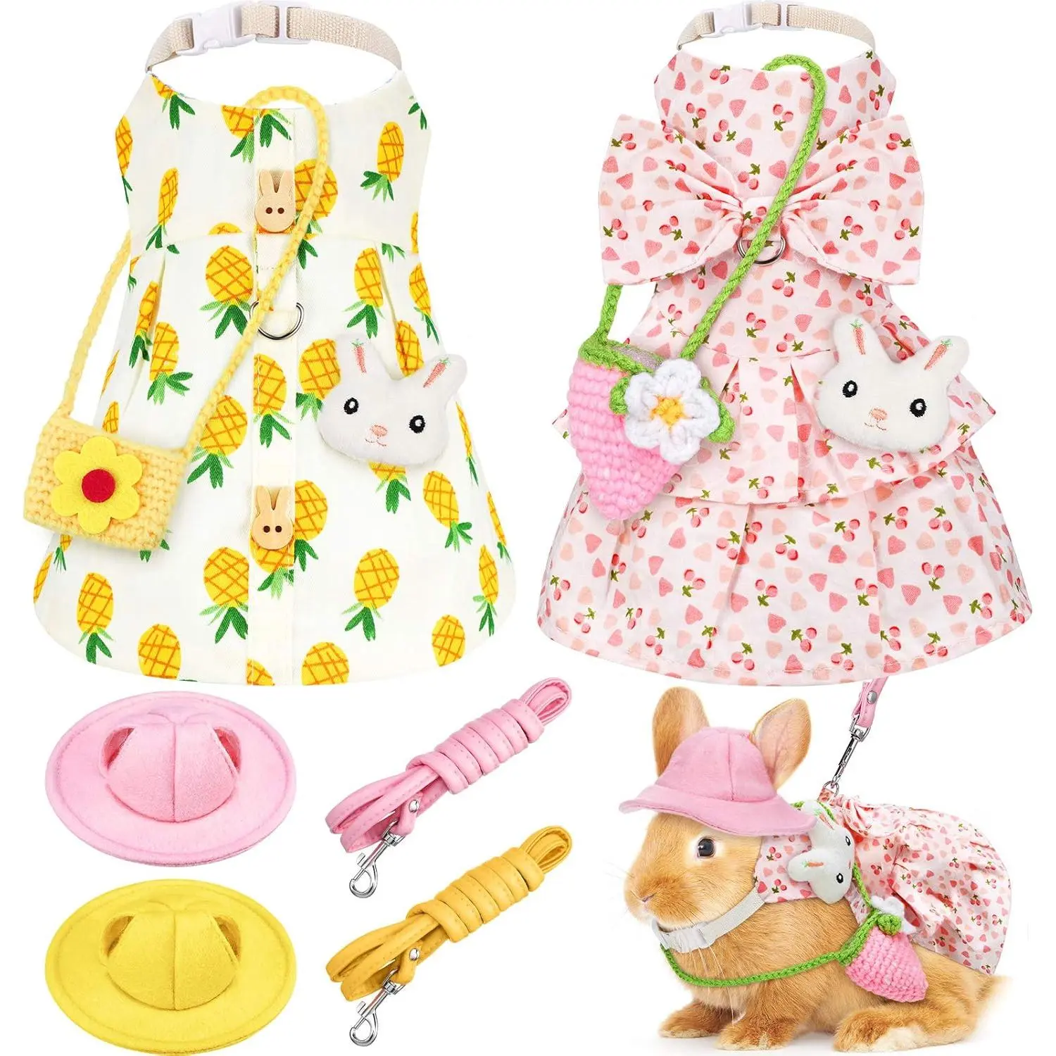2 Sets Small Pet Clothing Sets with Adjustable Leash, Harness, Hat & Mini Bag, Adjustable Outfits & Bags for Bunnies, Hedgehogs