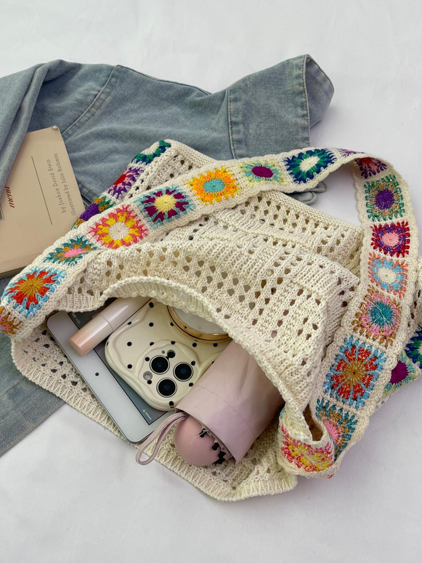 Women's Fashionable Floral Pattern Crochet Shoulder Bag, Boho Style Crossbody Tote Bag for Daily Used, Casual Trendy Versatile High-quality Daily Commuting Bag
