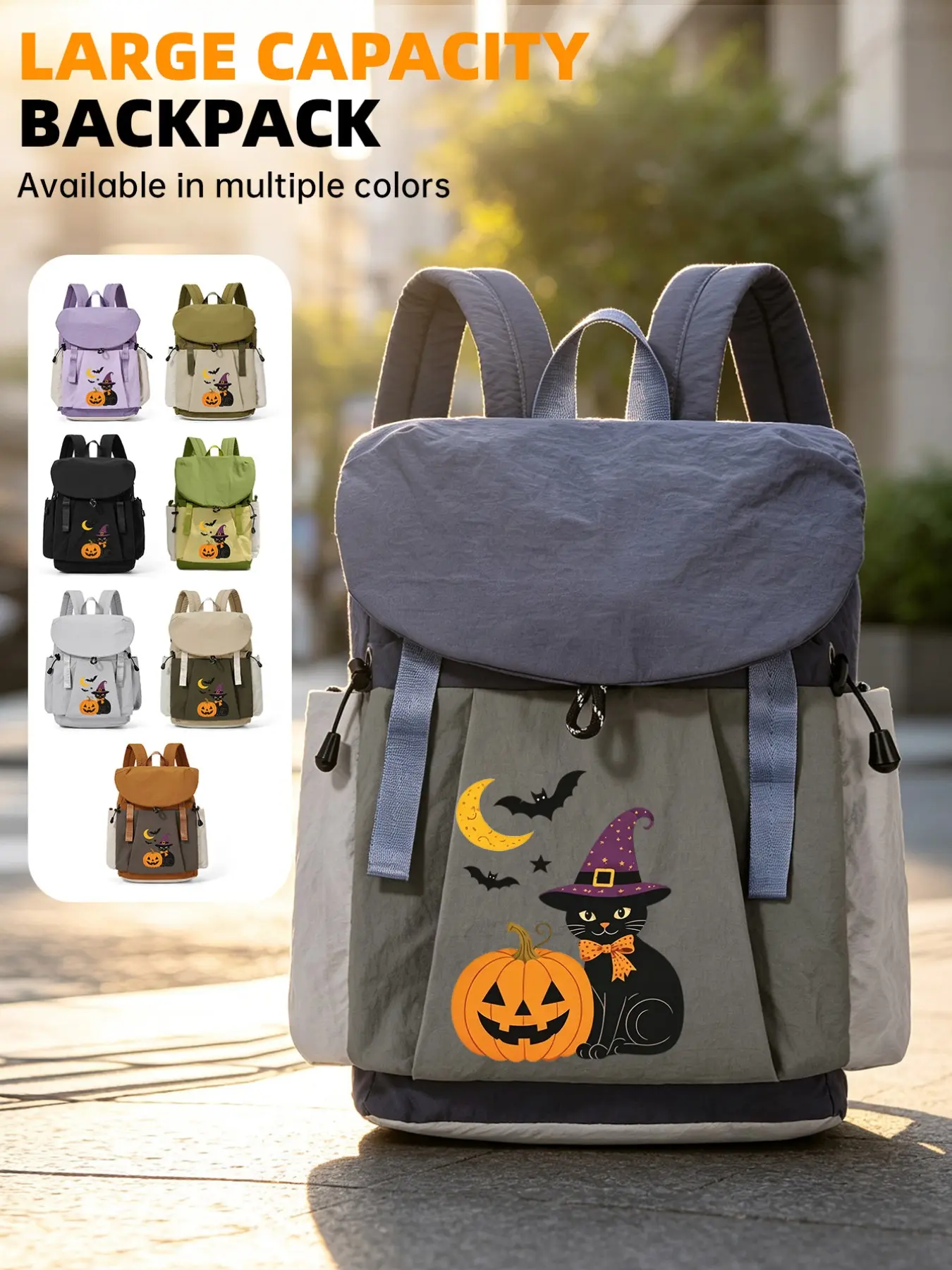 Halloween Pumpkin Cat Reading Pattern Backpack, Large Capacity Commuter Bag, Front Pocket for Small Items, Lightweight & Practical