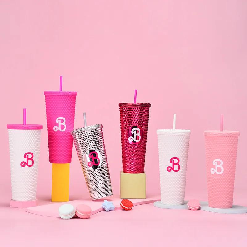 24oz Pretty Pink Studded Logo Tumbler with Matching Straw 710ml Gradient Hand Cup Double-layer Plastic Insulated Drinkware
