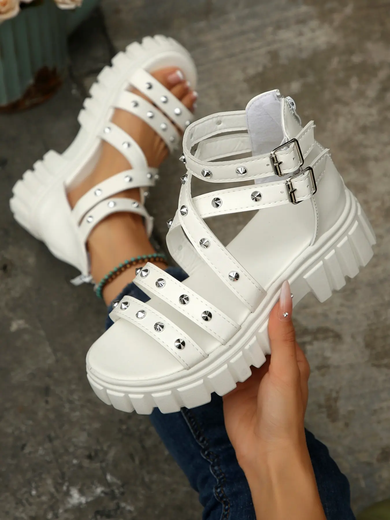 Y2K Punk Gothic Style Buckle Sandals, Adjustable Ankle Straps, Rivet Decor, Breathable Lightweight Design, Ideal for Parties & Travel