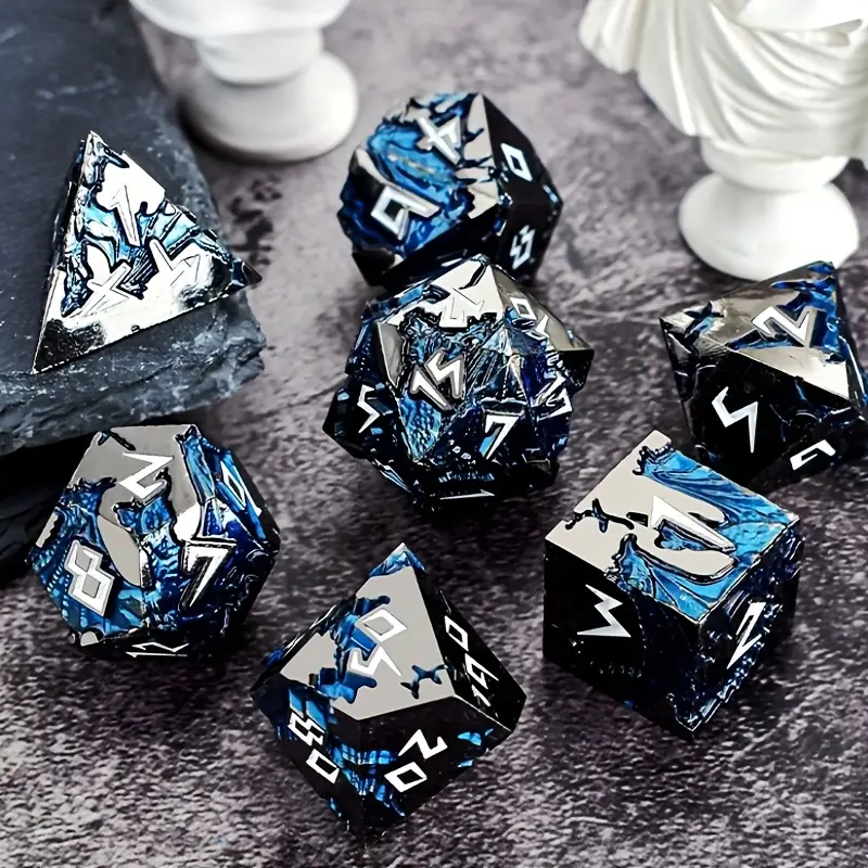 D&D Dice Set, Metal Dice Sets, Dungeons and Dragons Dice Set with Gift Box, D20 D4 D12 D10 D% D8 D6, Blue Dragon Style Gaming DND Dice for MTG RPG TTPRG ,Christmas, Thanksgiving, Birthday Gift